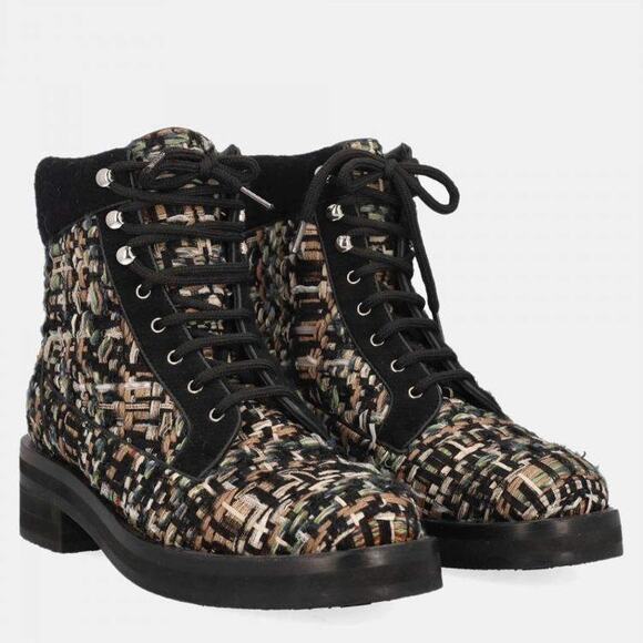CHANEL Tweed Lace Up Combat boots shoes size 36.5 - Picture 1 of 9